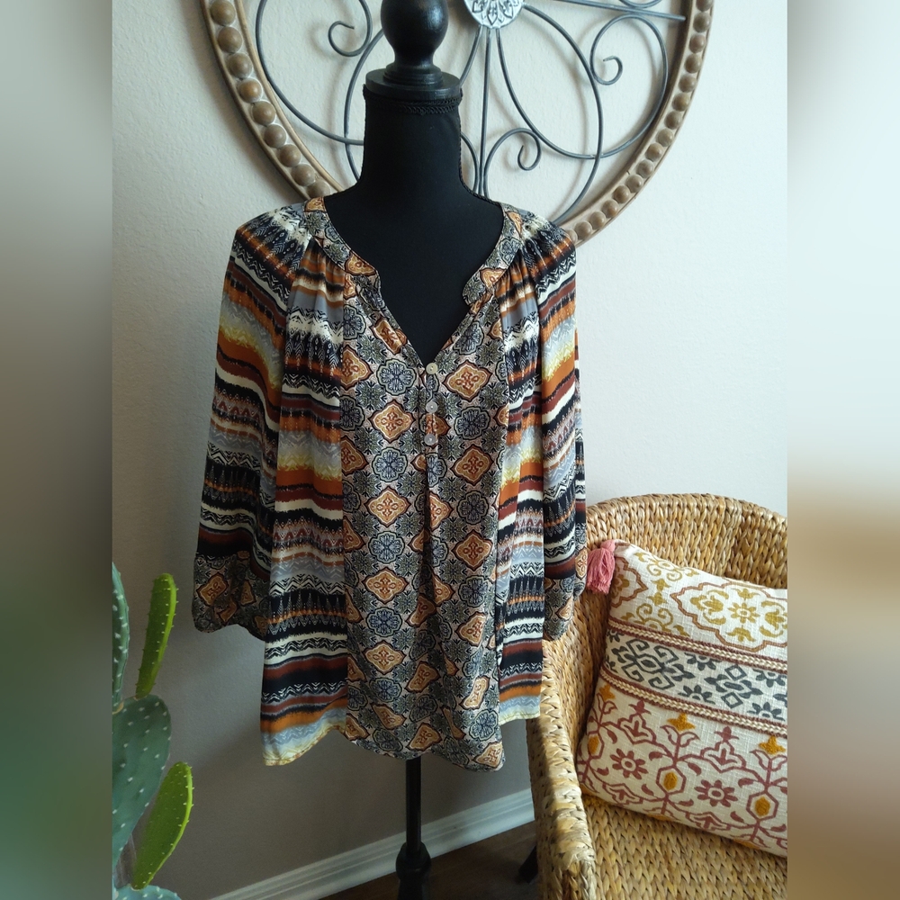 Valerie Stevens Multi-Stripe Boho V-Neck Tunic - Rust Yellow Black Cream